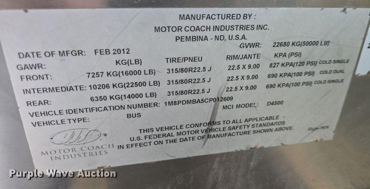 image for item DQ4559 2012 Motor Coach D4500 transit bus