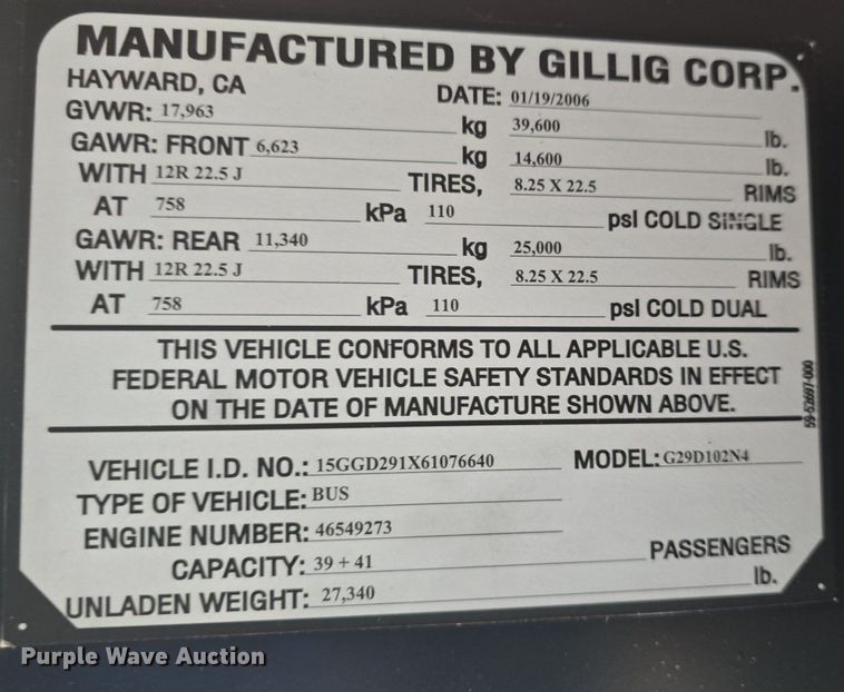 image for item DQ4560 2006 Gillig  G29D102N4 transit bus