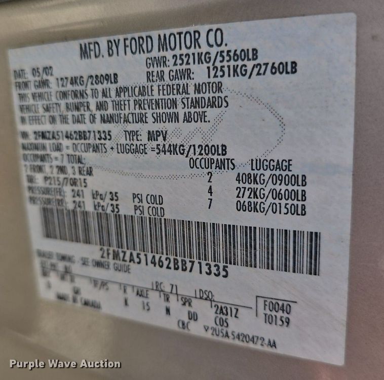 image for item DQ4567 2002 Ford Windstar LX SUV