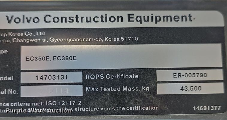 image for item DR4470 2018 Volvo  EC350EL excavator