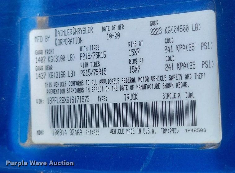 image for item DR4867 2001 Dodge  Dakota Sport pickup truck