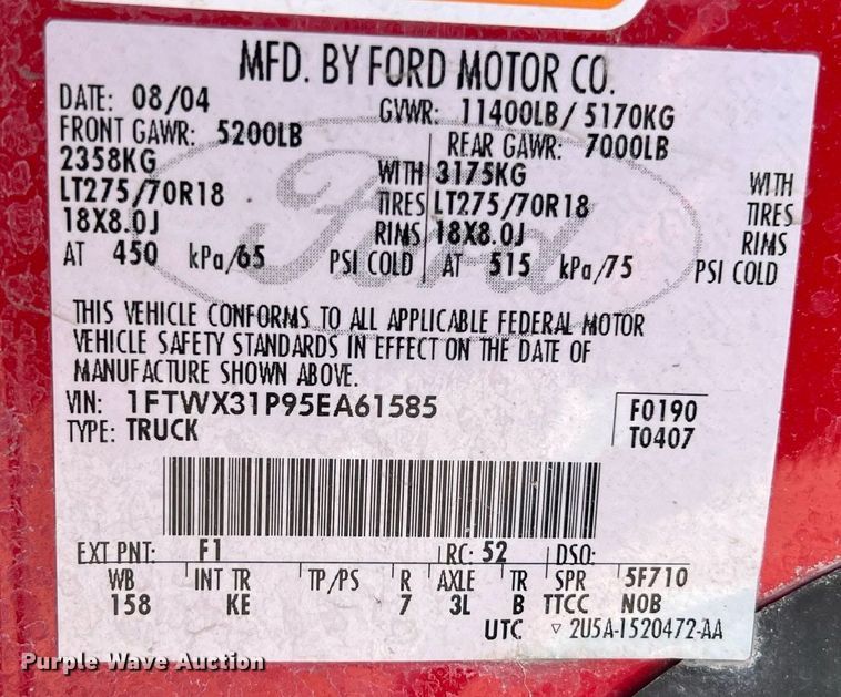 image for item EJ3000 2005 Ford F350 Super Duty XL SuperCab pickup truck