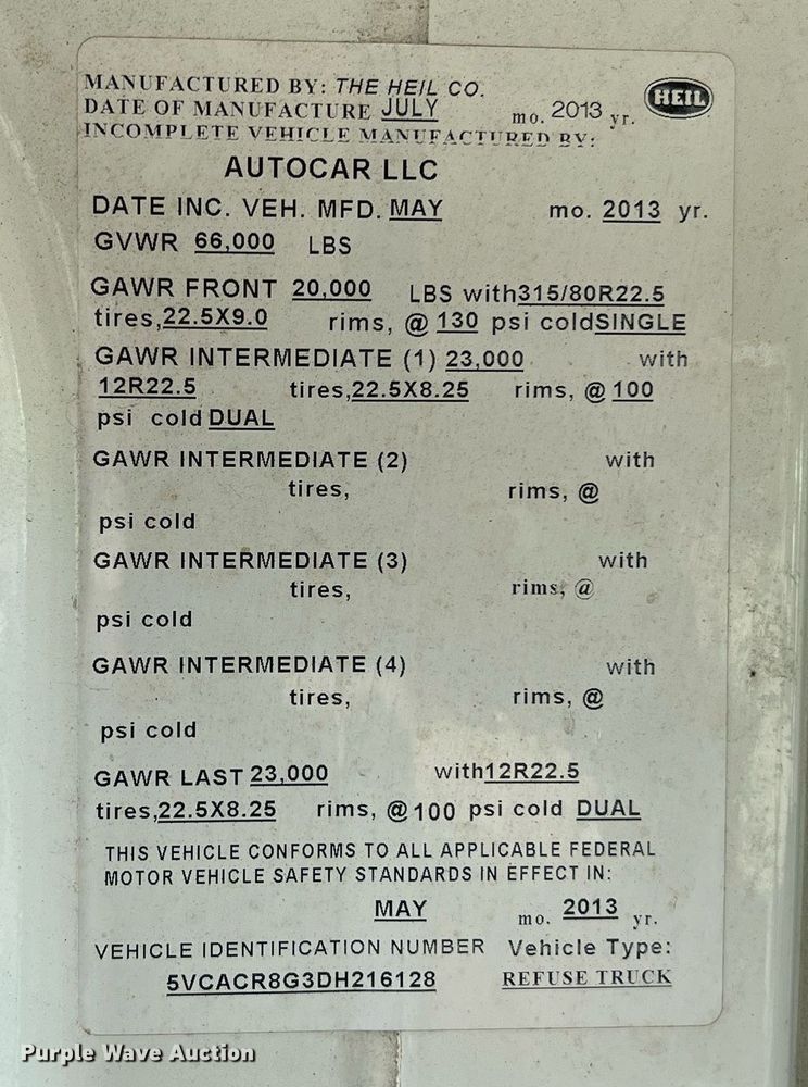 image for item EJ3006 2013 AutoCar Xpeditor refuse truck