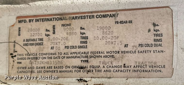 image for item JX9478 1980 International 1925 truck cab and chassis