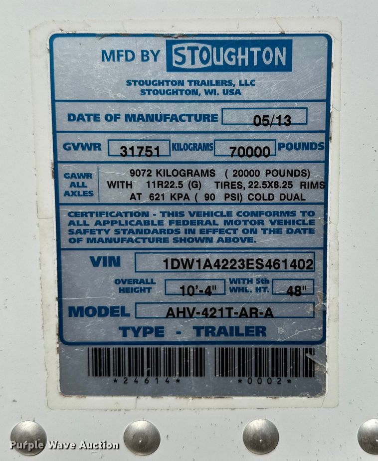 image for item DG4471 2014 Stoughton  AHV-421T-AR-A grain trailer
