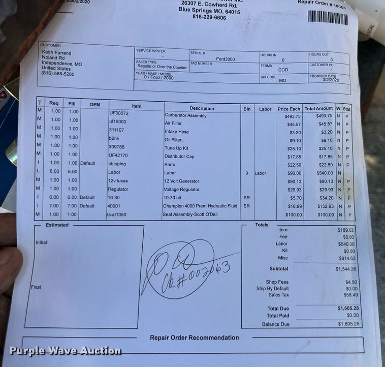 image for item EJ7258 Ford 2000 tractor