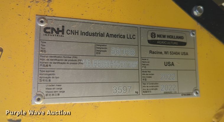 image for item EQ2188 2022 New Holland RB560 round baler