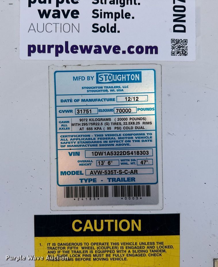 image for item DN0765 2013 Stoughton  AVW-535T-S-C-AR dry van trailer