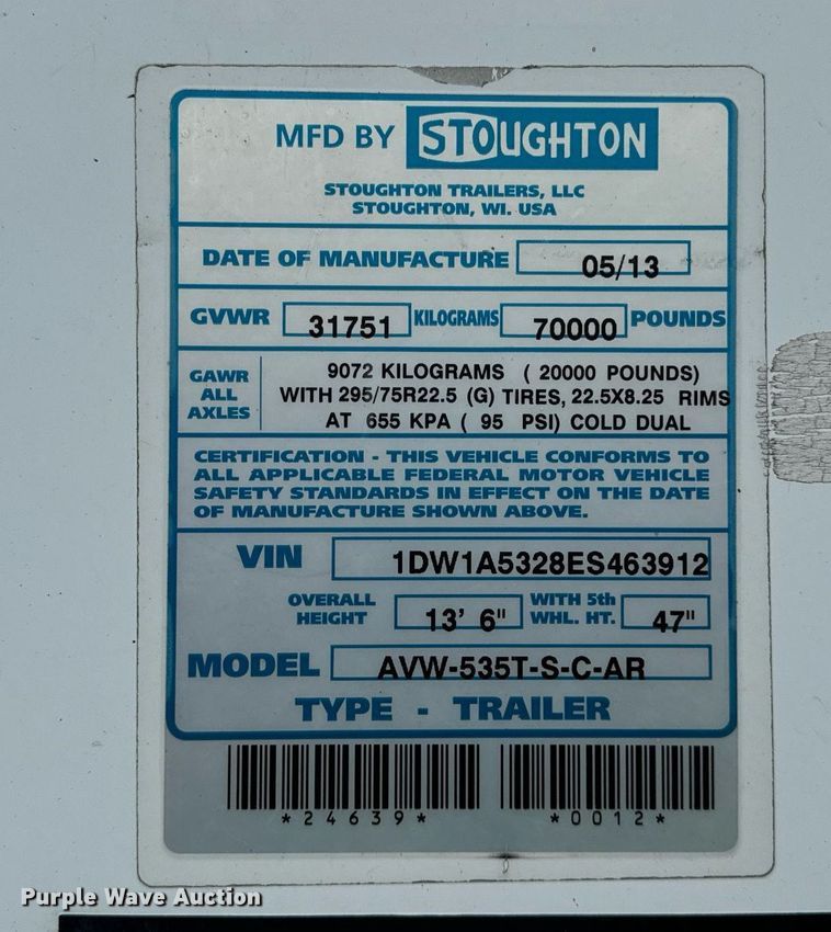 image for item DV5869 2014 Stoughton  AVW-535T-S-C-AR dry van trailer