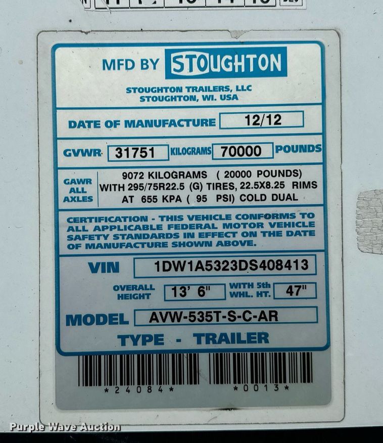 image for item DV5870 2013 Stoughton  AVW-535T-S-C-AR dry van trailer