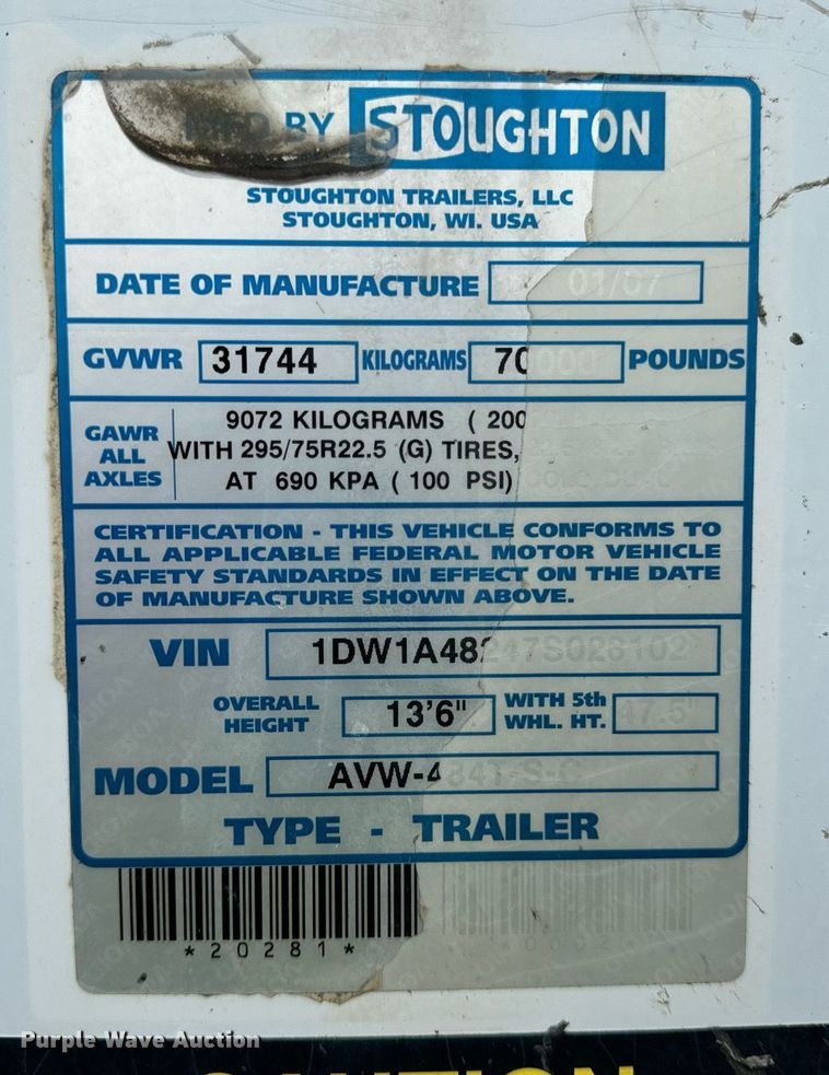 image for item DV5871 2007 Stoughton AVW484T-S-C dry van trailer