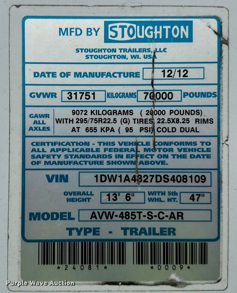 image for item DV5872 2013 Stoughton  AVW-485T-S-C-AR dry van trailer