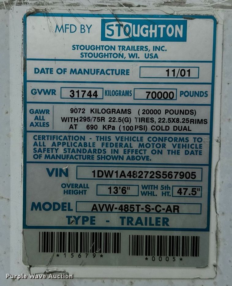 image for item DV5876 2002 Stoughton  AVW-485T-S-C-AR dry van trailer