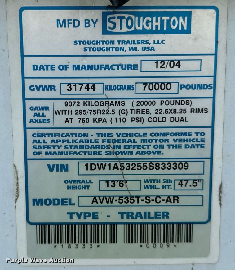 image for item DV5878 2005 Stoughton  AVW-535T-S-C-AR dry van trailer