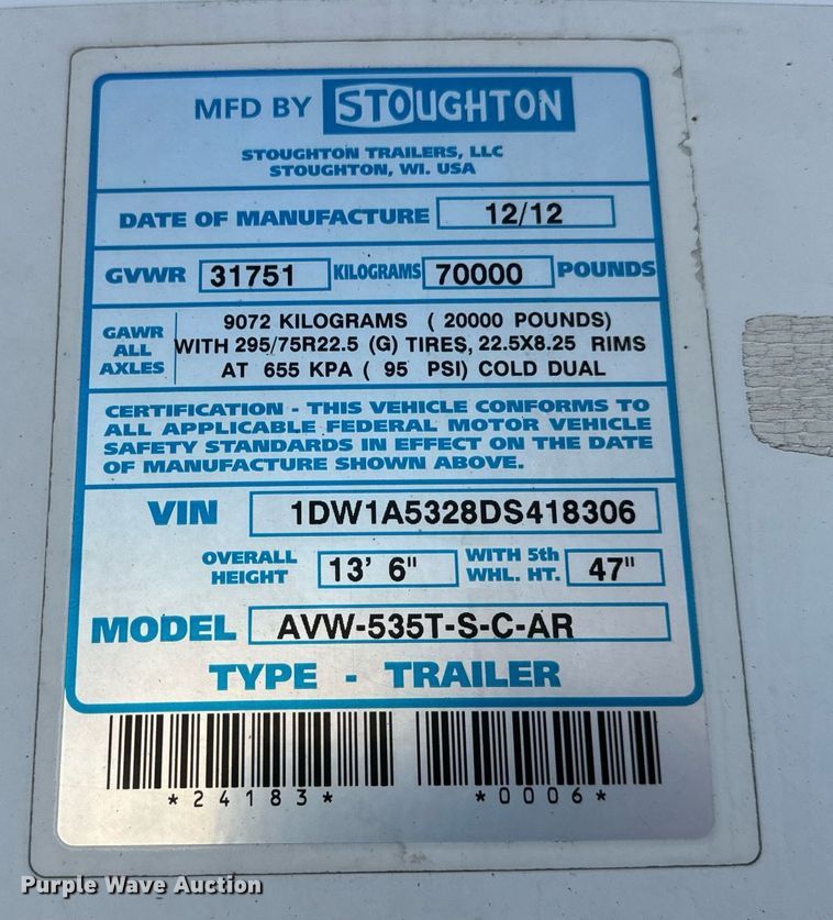 image for item DV5881 2013 Stoughton  AVW-535T-S-C-AR dry van trailer