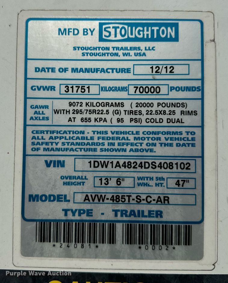 image for item DV5882 2013 Stoughton AVW-485T-S-C-AR dry van trailer