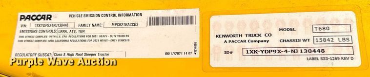 image for item EQ2169 2022 Kenworth  T680 semi truck