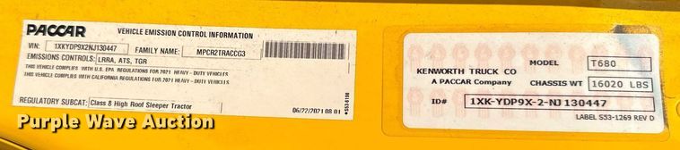 image for item EQ2175 2022 Kenworth  T680 semi truck