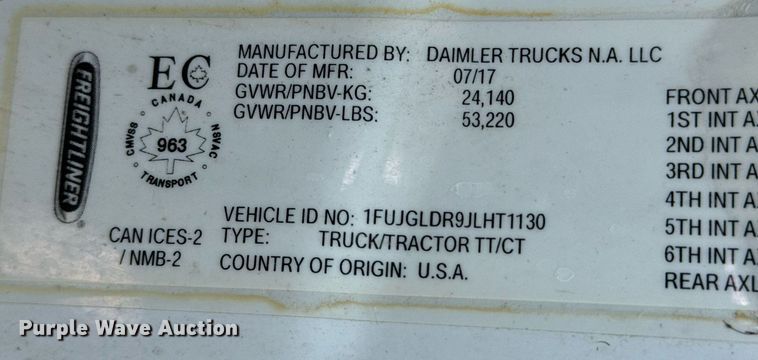 image for item MV9120 2018 Freightliner  Cascadia Evolution  semi truck