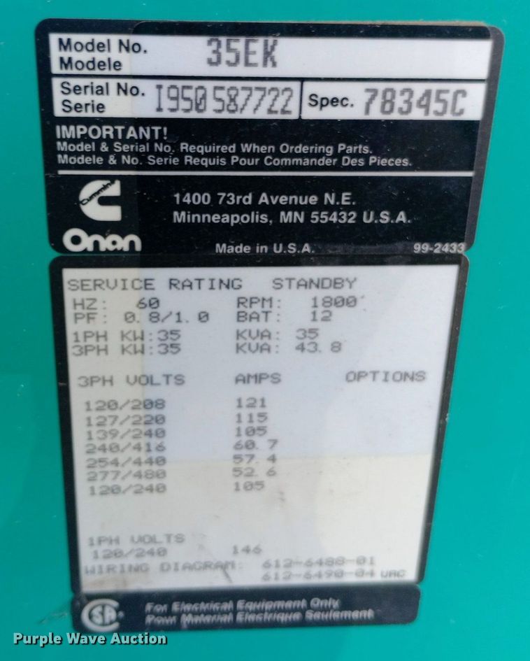 image for item DH1294 Onan 35EK generator
