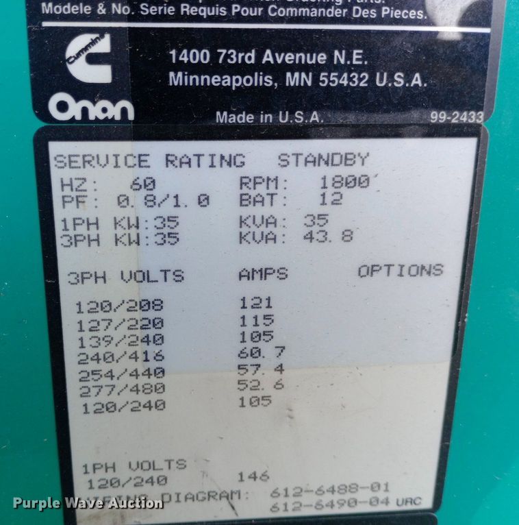 image for item DH1294 Onan 35EK generator