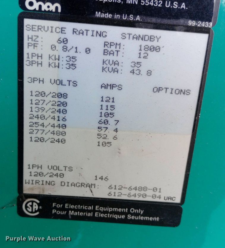 image for item DH1294 Onan 35EK generator