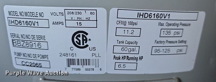 image for item EK6487 Iron Horse  IHD6160V1 air compressor