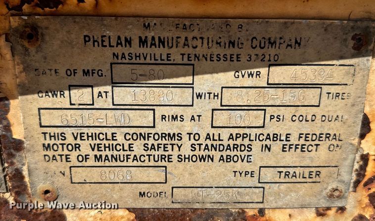 image for item LW9800 1980 Phelan WT-25K equipment trailer