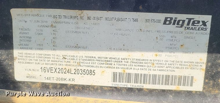 image for item DQ3632 2020 Big Tex 14ET-20BK-KR equipment trailer