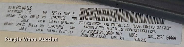 image for item DS4798 2016 Dodge Ram 3500HD pickup truck