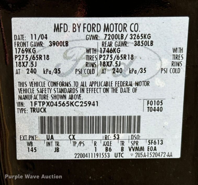 image for item DX0990 2005 Ford F150 SuperCab pickup truck