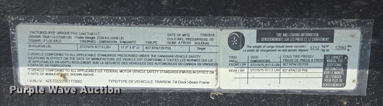 image for item EE8498 2019 Load Trail tilt deck equipment trailer