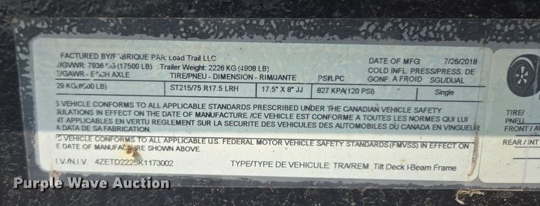 image for item EE8498 2019 Load Trail tilt deck equipment trailer