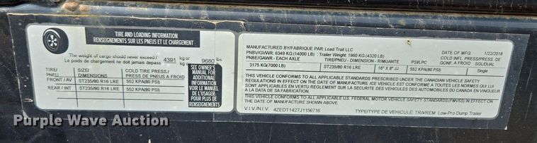 image for item EE8499 2018 Load Trail  dump trailer