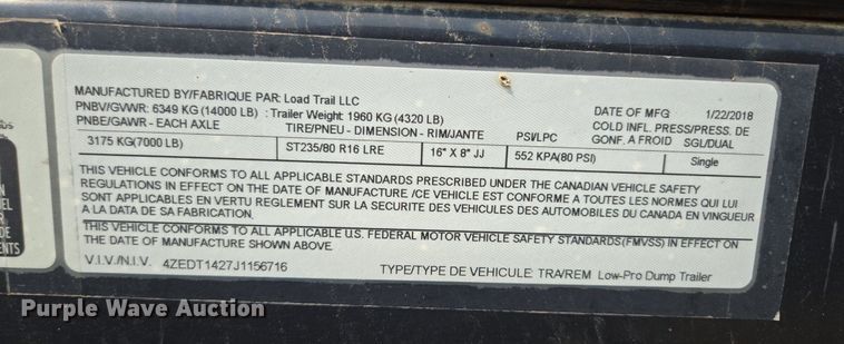 image for item EE8499 2018 Load Trail  dump trailer