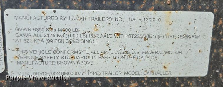 image for item EE8500 2011 Lamar  Carhauler equipment trailer