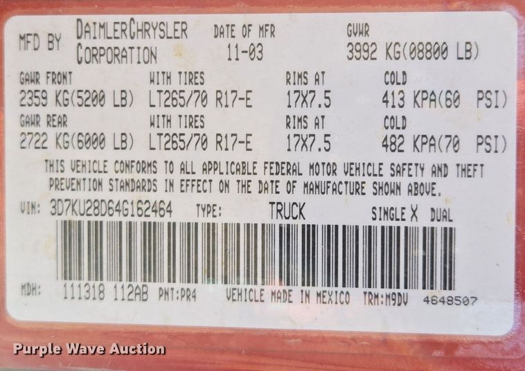 image for item EE8505 2004 Dodge Ram 2500 Quad Cab pickup truck