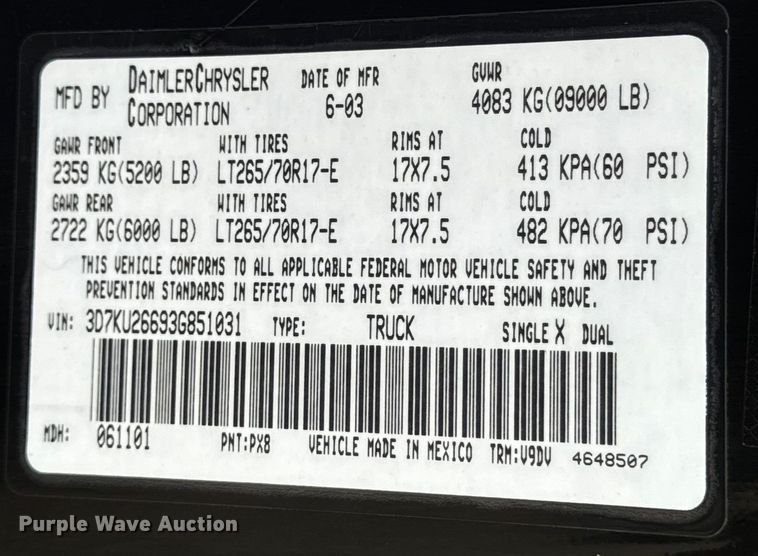 image for item EH7026 2003 Dodge Ram 2500 SLT pickup truck