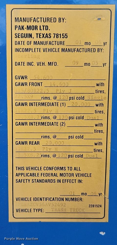 image for item EI8380 2006 Sterling  L9500 refuse truck