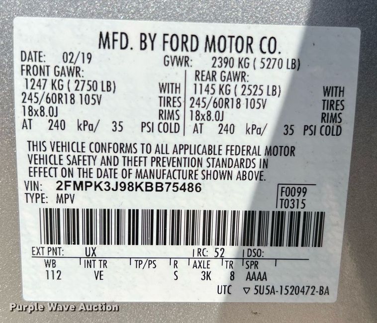 image for item EJ3018 2019 Ford Edge SEL SUV
