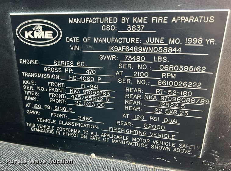 image for item EK3263 1998 KME ladder fire truck