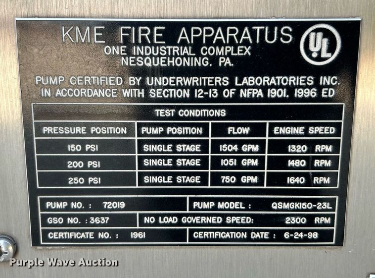 image for item EK3263 1998 KME ladder fire truck