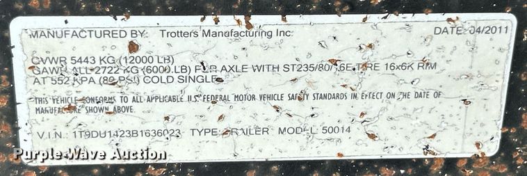 image for item EK3315 2011 Trotters 50014 utility trailer