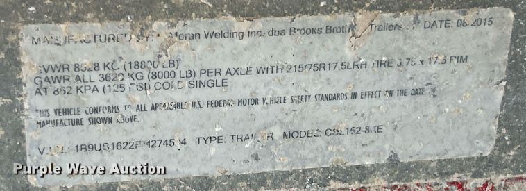 image for item EK3318 2015 Brooks Brothers  CSL 162-8KE equipment trailer