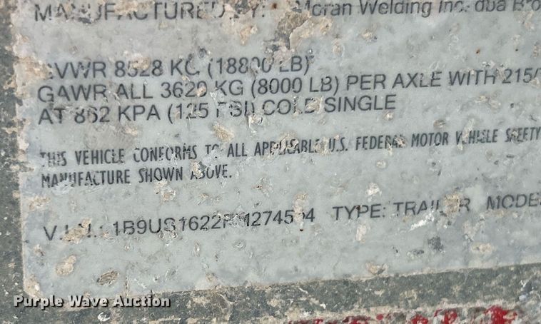 image for item EK3318 2015 Brooks Brothers  CSL 162-8KE equipment trailer