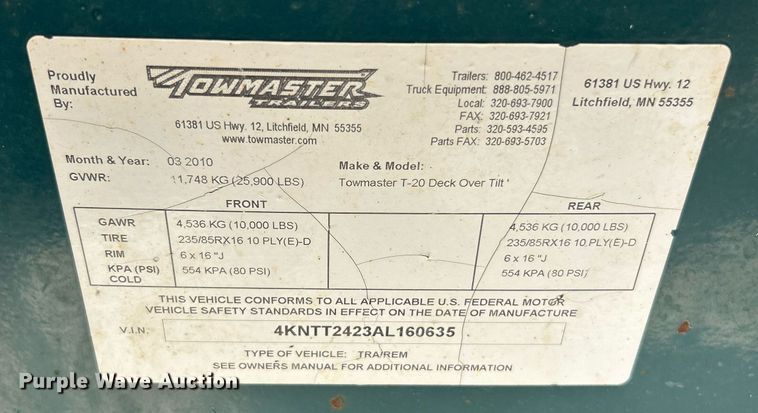 image for item EK3327 2010 Towmaster T-20 Deck Over Tilt tilt deck equipment trailer