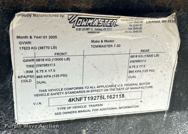 image for item EK3328 2005 Towmaster T-30 equipment trailer