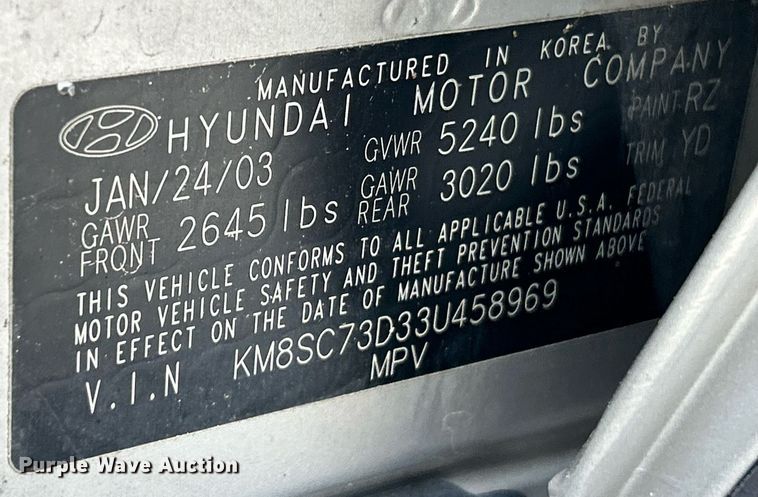 image for item EK3334 2003 Hyundai  Santa Fe SUV