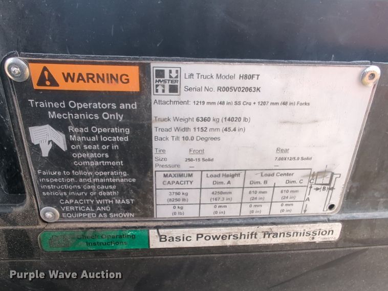 image for item EQ2085 Hyster H80FT forklift