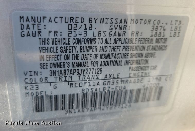 image for item JO9401 2018 Nissan Sentra S 